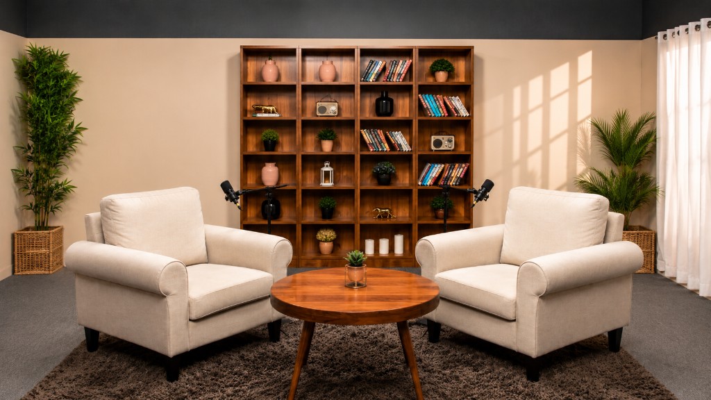 Brand beige podcast studio with cream armchairs, round wood table, and professional microphones at Winterfox Studios
