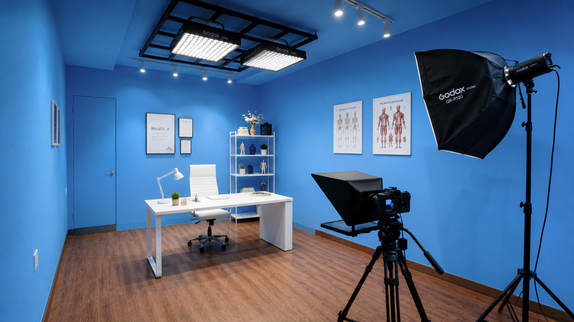 Talking-head video production set with camera and lighting at Winterfox Studios